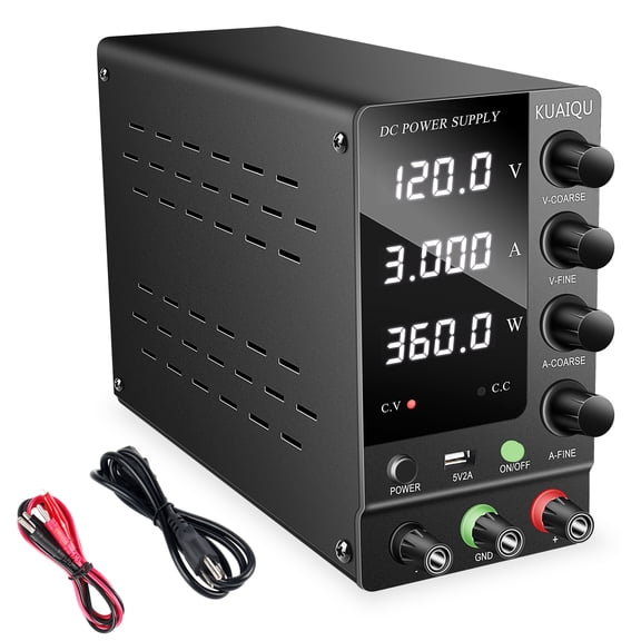 Kuaiqu DC Power Supply Variable 120V 3A,Adjustable Switching Regulated Bench Power Supply with Output Switch 5V/2A USB Port Lab Power Supplies for LED lights Electronics Repair