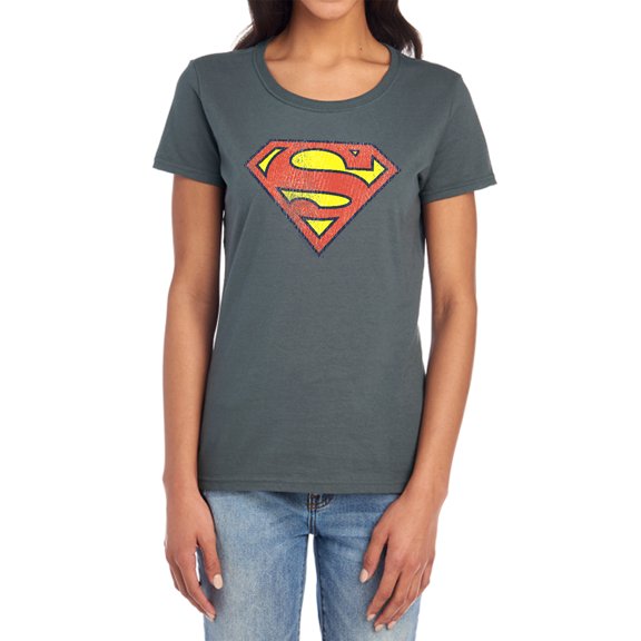 DC Retro Supes Logo Distressed Women's T Shirt, Charcoal, X-Large