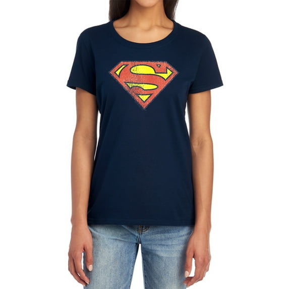 DC Retro Supes Logo Distressed Women's T Shirt, Navy, Medium