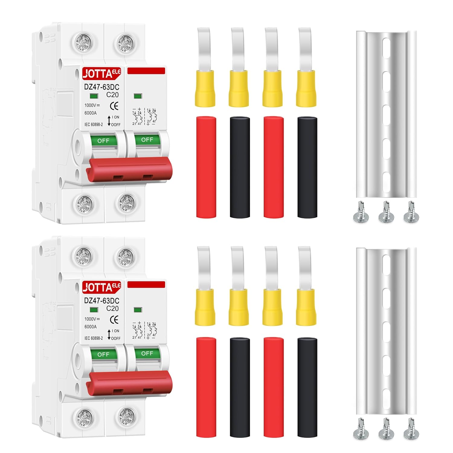DC Solar Panels Disconnect Switch,Miniature Circuit Breaker 2 Pole 1000V 20 Amp Isolator for Solar PV System, Thermal Magnetic Trip, DIN Rail Mount (DC 2P 20A 2PCS)