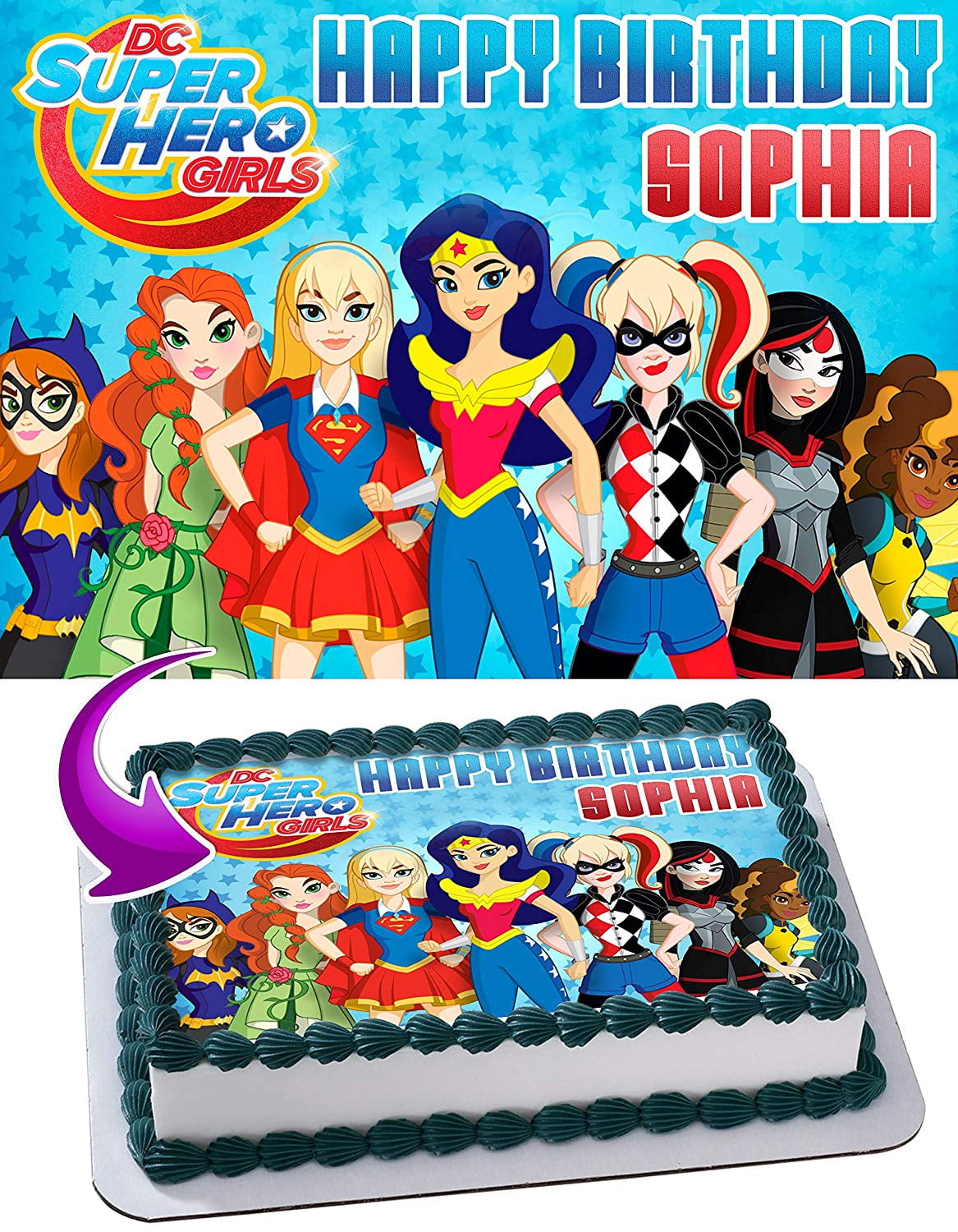 INKUTEN DC Super Hero Girls Edible Cake Image Topper Personalized Picture 1/4 Sheet (8"x10.5")