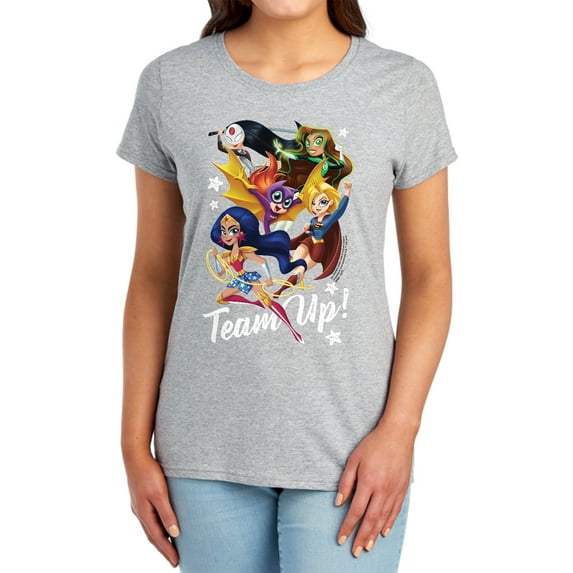 DC Superhero Girls Team Up Women's T Shirt, Athletic Heather, Medium