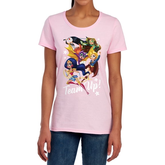 DC Superhero Girls Team Up Women's T Shirt, Pink, Large