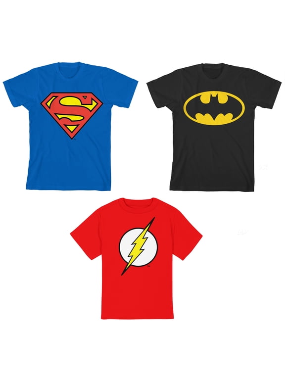 DC Superhero Batman Superman Flash Logos Youth 3-Pack Crew Neck Short Sleeve T-shirts