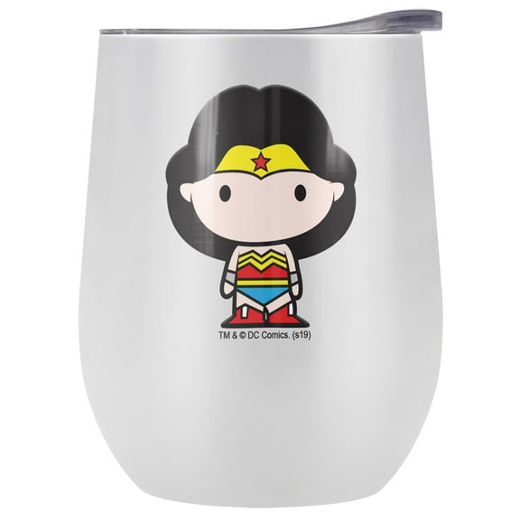 DC Wonder Woman - Wonder Woman Official Wonder Woman Cute Chibi Character Pattern 12 OZ Stemless Wine Tumbler, Stainless Steel Travel Cup|Lake Tumbler|Insulated with Leak Resistant Slide-Lock Lid, White