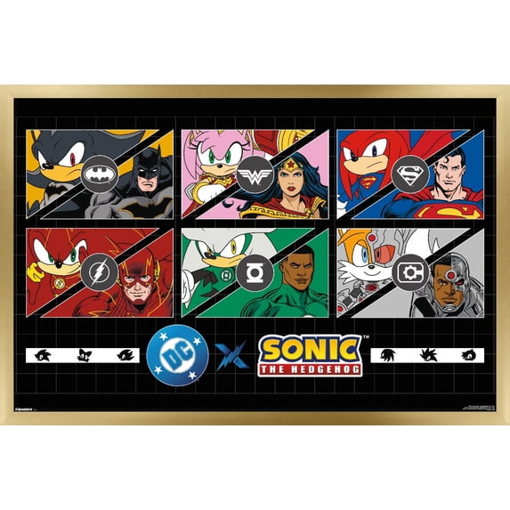 DC X Sonic The Hedgehog - Justice League And Team Sonic Wall Poster, 14.725" x 22.375" Framed