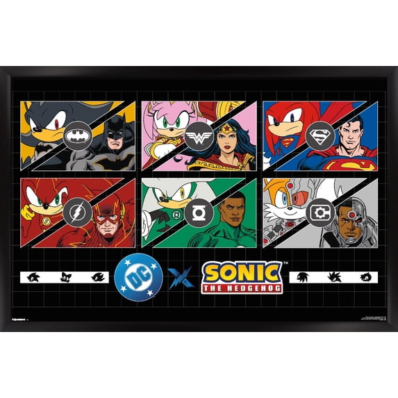 DC X Sonic The Hedgehog - Justice League And Team Sonic Wall Poster, 22.375" x 34" Framed