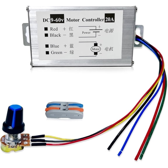 DC motor speed controller, 9-60 motor pulse width modulator regulator speed controller with cable connectors