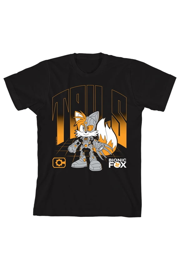DC x Sega Tails x Cyborg Bionic Fox Youth Boy Black Short Sleeve Tee-Large