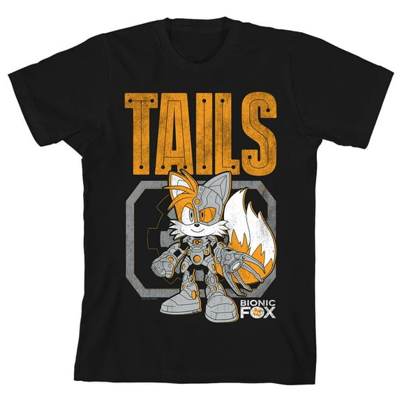DC x Sega Tails x Cyborg Bionic Fox Youth Boy Black Short Sleeve Tee-Medium