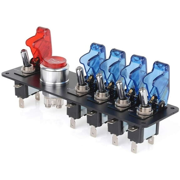 DC12V Flip-Up Ignition Switch Panel 5 in 1 Car Engine Start Push Button LED Toggle Racing Sport Competitive Car (4Blue 1Red, Black Panel)