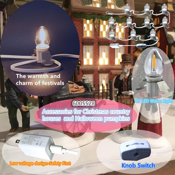 DC5V Safety Voltage Christmas Lights Accessory Cord with 10 LED, Switch Set, Compatible with Department 56 6005527 6005528 Village Collection USB LED Christmas Village Houses and Halloween Pumpkins