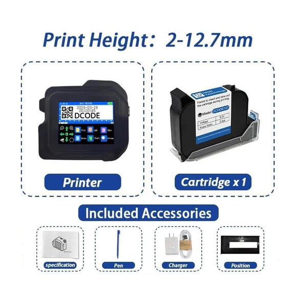 DC98 12.7mm Portable Mini Printer 2.8inch Touchscreen Handheld Inkjet Printer QR Barcode Logo Date Image Coding Machine