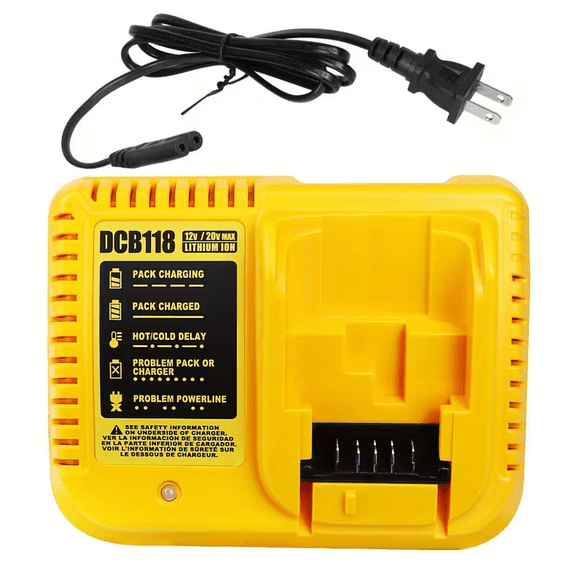 DCB118 Fast Charger is suitable for 18V/20V lithium-ion batteries - efficient and fast charging, compatible with 12Ah/9Ah/8Ah/6Ah/5Ah battery packs, versatile global voltage (110-240V), yellow
