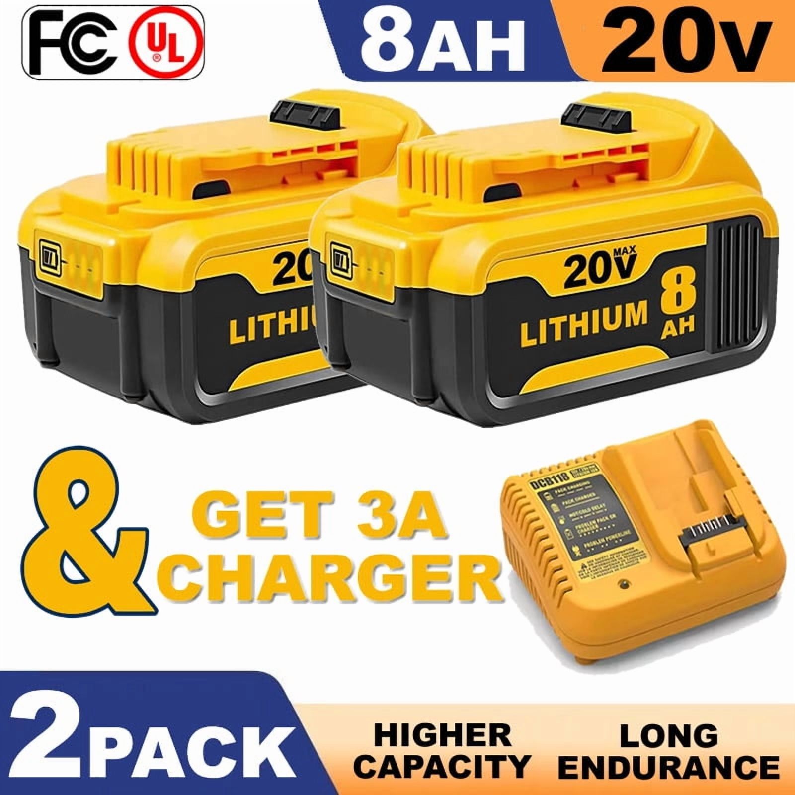 DCB200 8.0Ah Lithium Battery and 1pack 3A charger Withcharger Replacement for Dewalt 20V Battery Max XRCordless Tools DCB180 DCB206 DCB206-2 DCB204 DCB204BT-2 DCB203 DCB201 Wirelesspower t