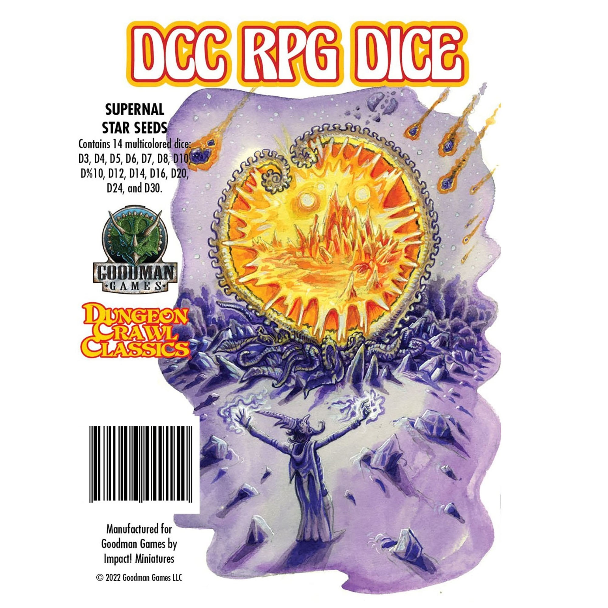 DCC RPG Dice: Supernal Star Seeds - 14 Piece Dice Set, Roleplaying Game, Dungeon Crawl Classics, Goodman Games, Multi-colored Dice, Tabletop Gaming Accessory