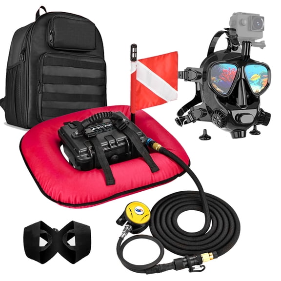 DCCMS Diving System with Full Face Diving Mask, Tankless Snuba Diving Ventilator with Rechargeable Batterys, Hookah Dive System Scuba Lung Tank (Red)