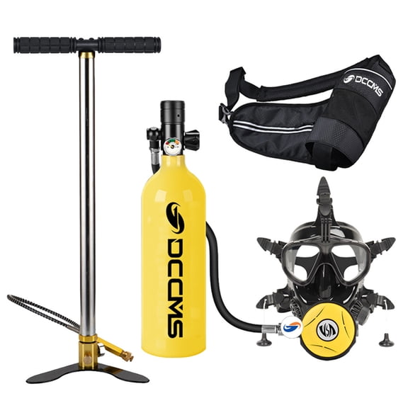 DCCMS Mini Scuba Tank with Full Face Diving Goggle 180 ° Wide View 1L Portable Diving Oxygen Tank Underwater Breathing System with Camera Mount for Underwater Exploration (Yellow)