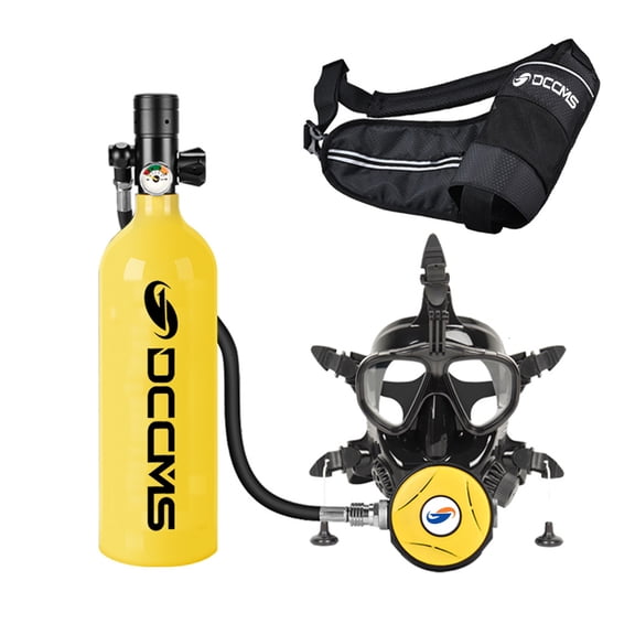 DCCMS Mini Scuba Tank with Full Face Diving Goggle 180 ° Wide View 1L Portable Diving Oxygen Tank Underwater Breathing System with Camera Mount for Underwater Exploration (Yellow)