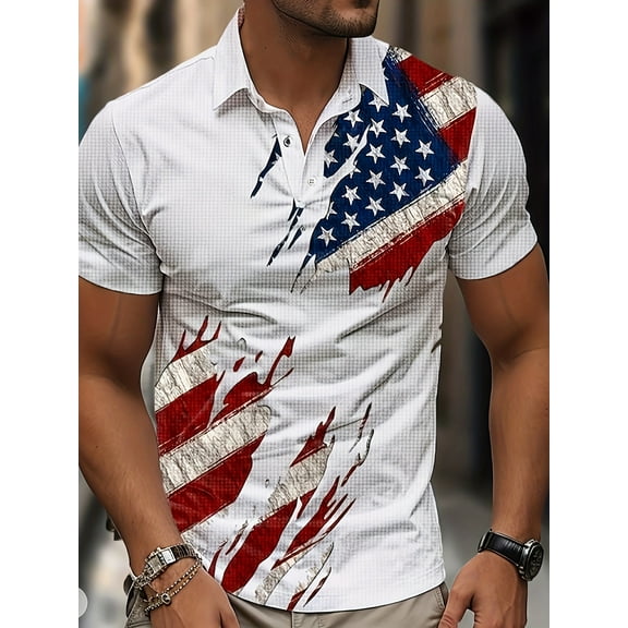 DCDany Men's 4th of July Independence Day American Flag Short Sleeve Polo Golft Shirt White XL