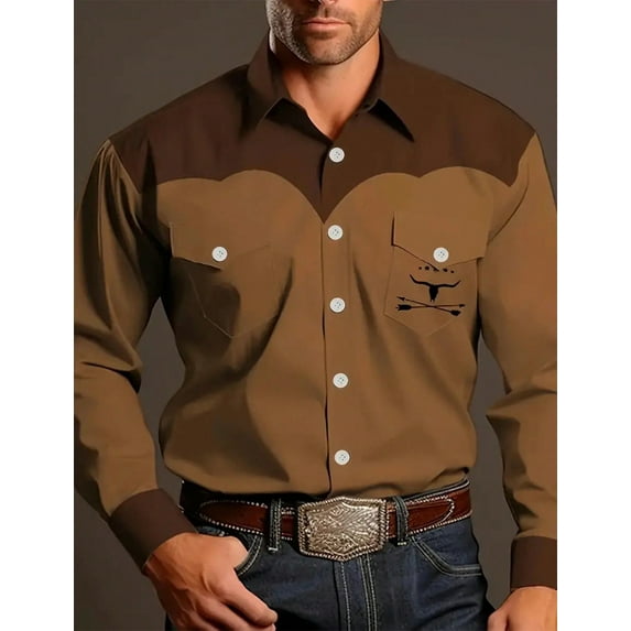 DCDany Mens Long Sleeve Shirt Button up Slim fit Vintage Shirts Western Tops Polo Shirt Brown XL