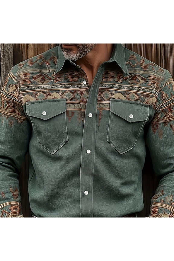 Western Cowboy Shirts For Men Retro Print Long Sleeve Shirt Lapel Collar Button Down Shirts Army green L