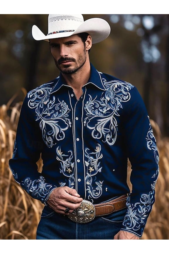 Western Cowboy Shirts For Men Vintage Western Shirt Long Sleeve Embroidered Cowboy Casual Button Shirt Navy M