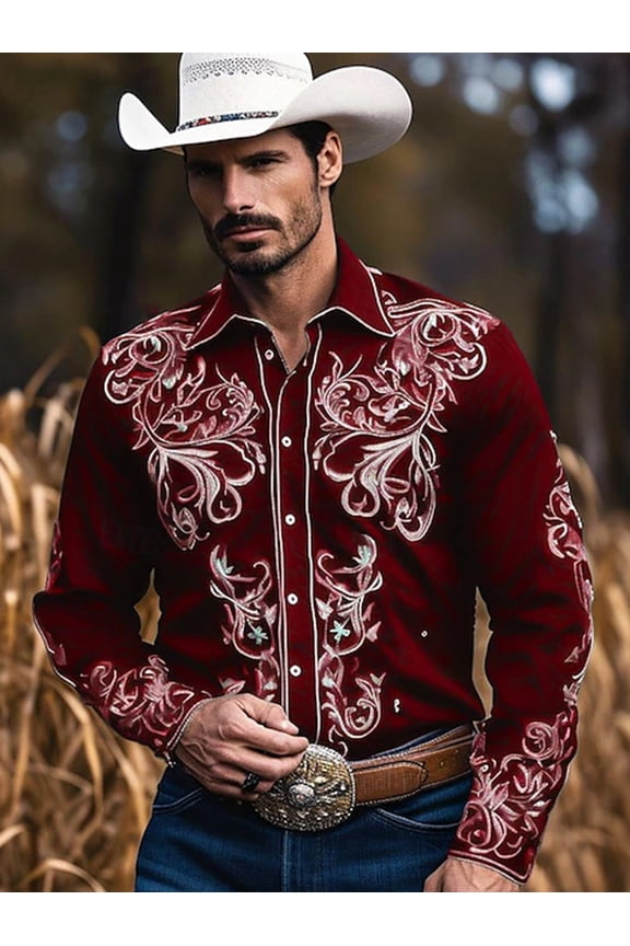 Western Cowboy Shirts For Men Vintage Western Shirt Long Sleeve Embroidered Cowboy Casual Button Shirt Red 3XL