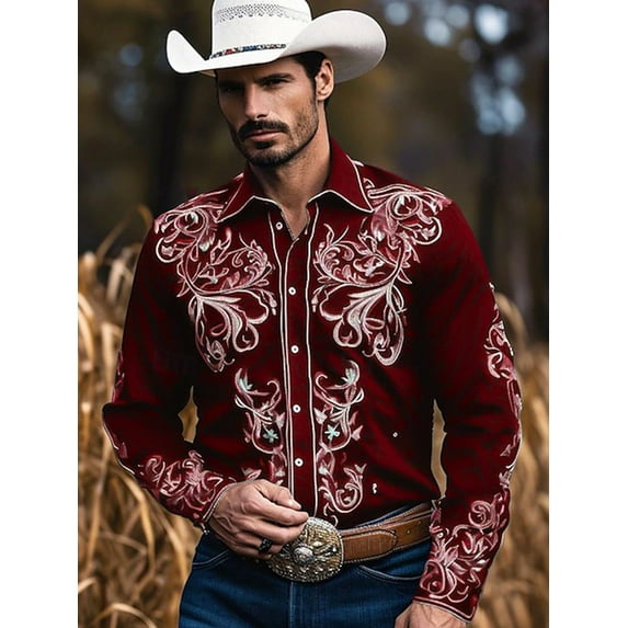 DCDany Western Cowboy Shirts For Men Vintage Western Shirt Long Sleeve Embroidered Cowboy Casual Button Shirt Red XL