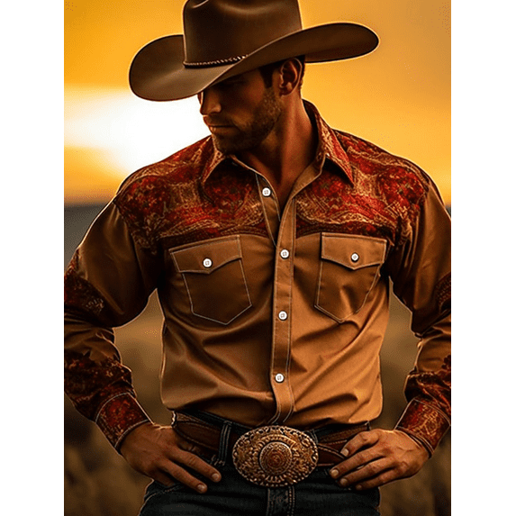 DCDany Western Cowboy Shirts For Men Vintage Shirts Long Sleeve Casual Button Regular Fit Western Cowboy Shirts Two Pockets Work Dress Button Up Shirts Brown M