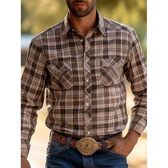 DCDany Western Shirts For Men Vintage Shirts Casual Button Down Plaid Shirt Jacket Long Sleeve Western Cowboy Shirt Khaki XL