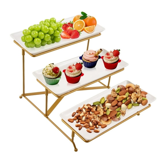 DCENTA 3 Tier Serving Tray Set, 12 Inch Porcelain Tiered Serving Trays Platters with Collapsible Serving Stand, Suitable for Dessert Table Display Set, Serving Dishes for Entertaining