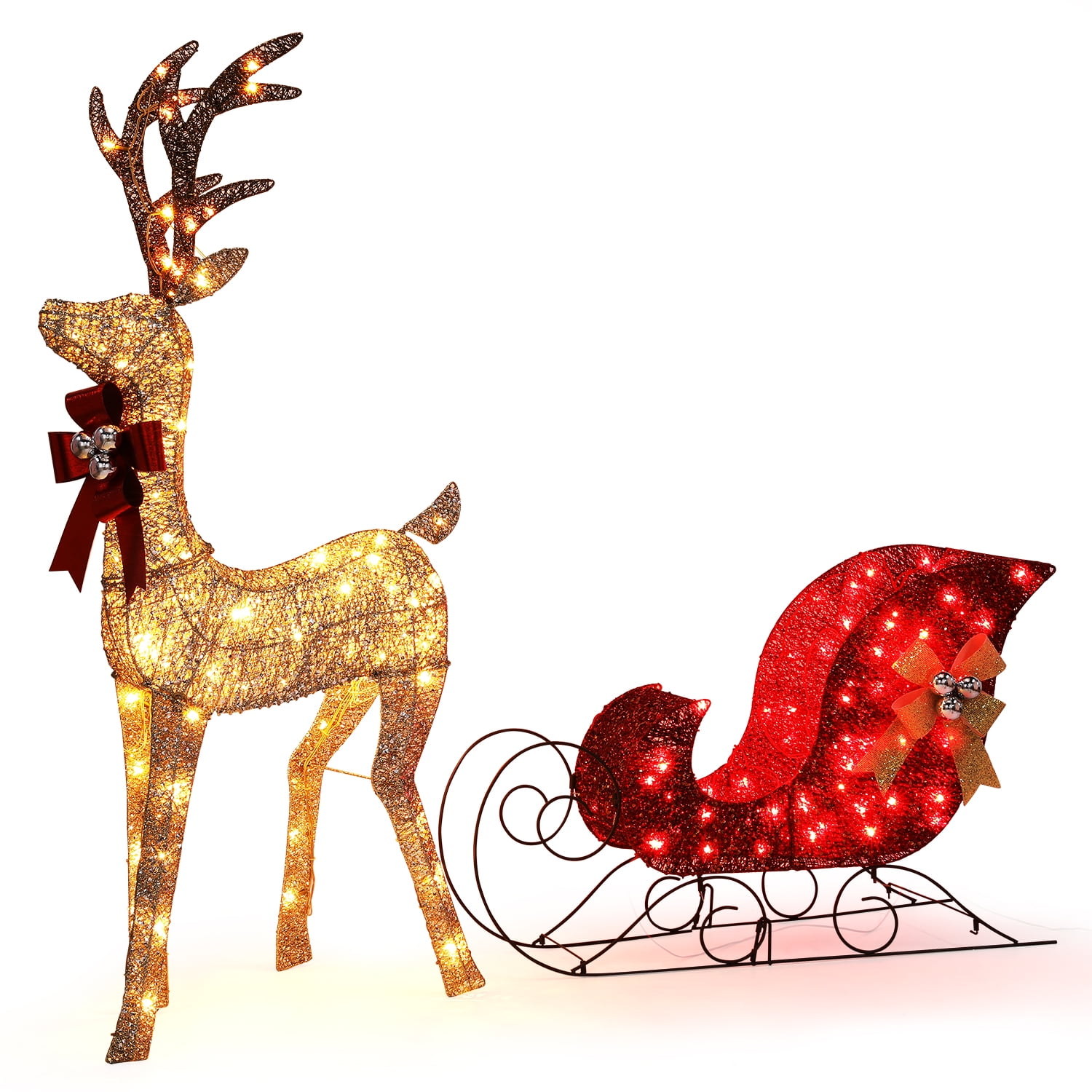 DCENTA Large Lighted Christmas Reindeer & Sleigh Prelit 4ft Reindeer