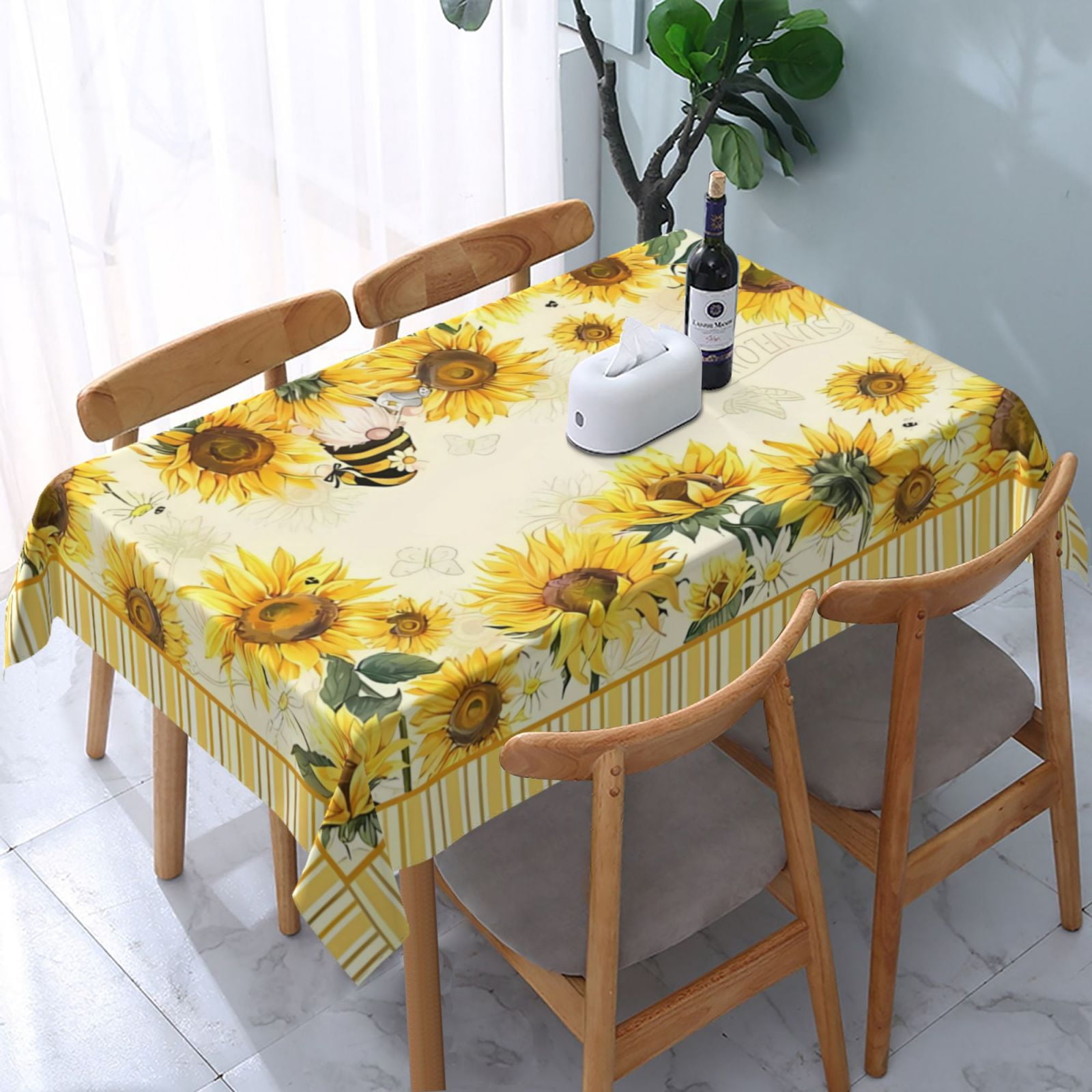 DCHYO Honey Bee Sunflower Yellow Tablecloth Washable Polyester Vintage Tablecloth Picnic Party ...