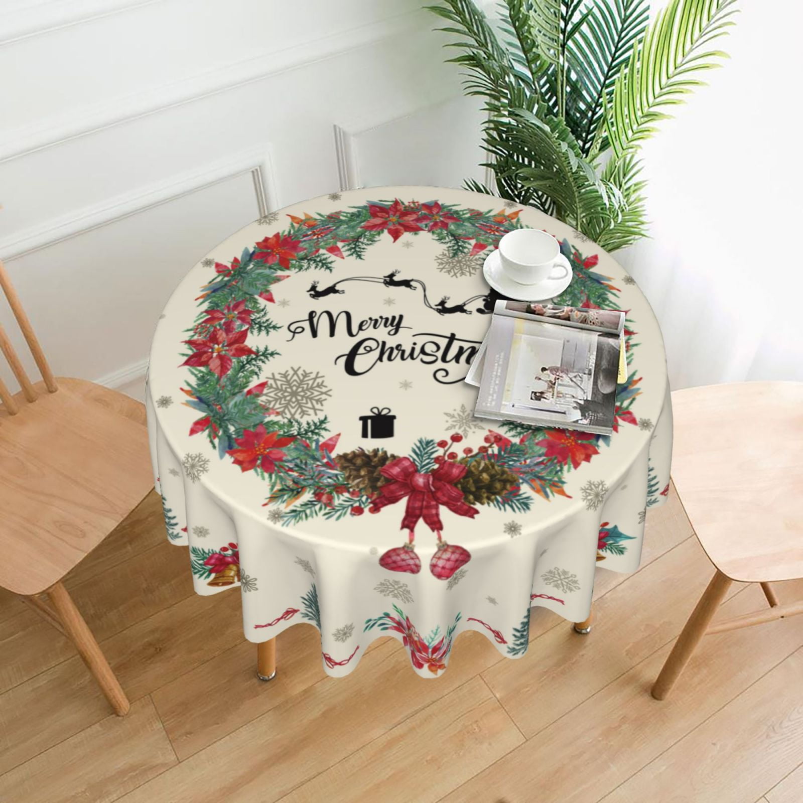 DCHYO Merry Christmas Round Tablecloth Happy New Year Table Cloth