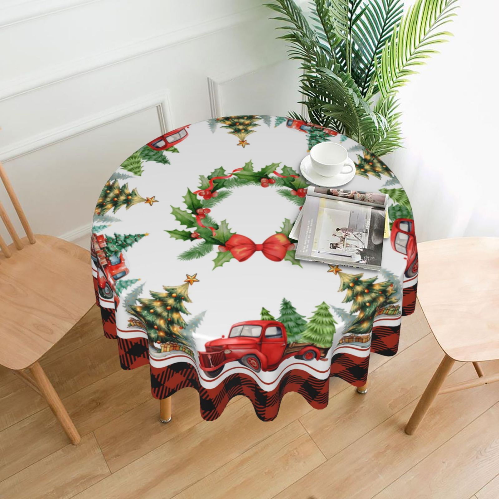 DCHYO Red Trucks Merry Christmas Round Tablecloth Happy New Year Table