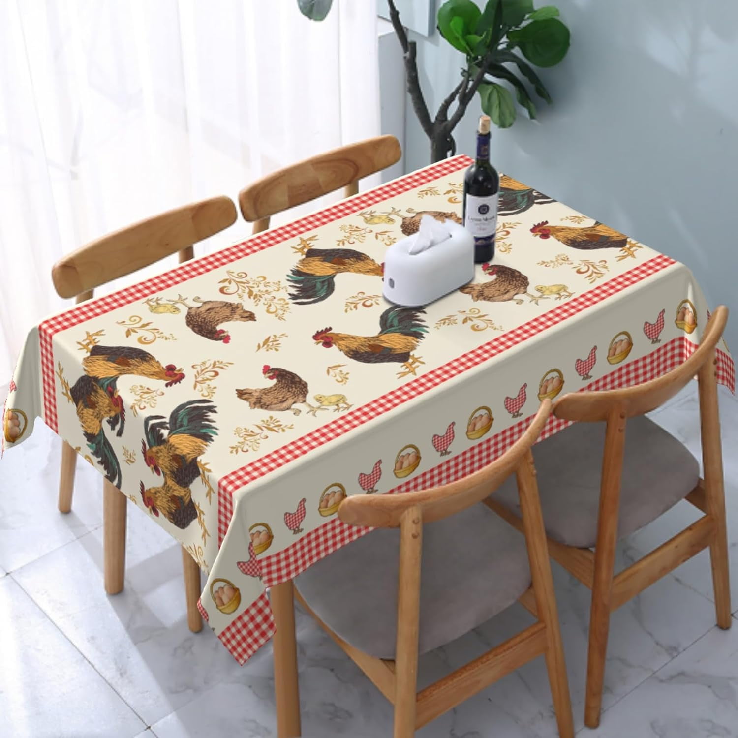 DCHYO Vintage Rooster Tablecloth Red Plaid Waterproof Stain Resistant