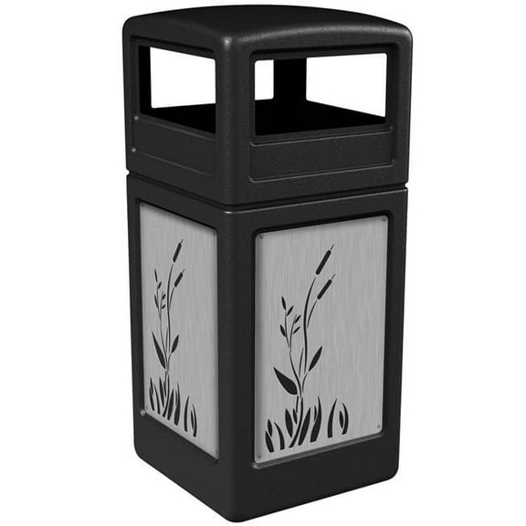 DCI Marketing 42 gal Black Trash Receptacle with Stainless Steel Cattail Panels & Dome Lid