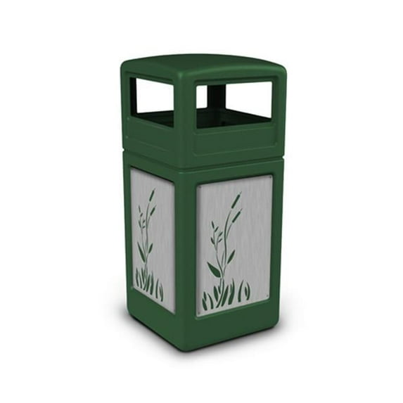 DCI Marketing 732996099 42 gal Waste Container with Dome Lid & Stainless Steel Panels Cattails, Green