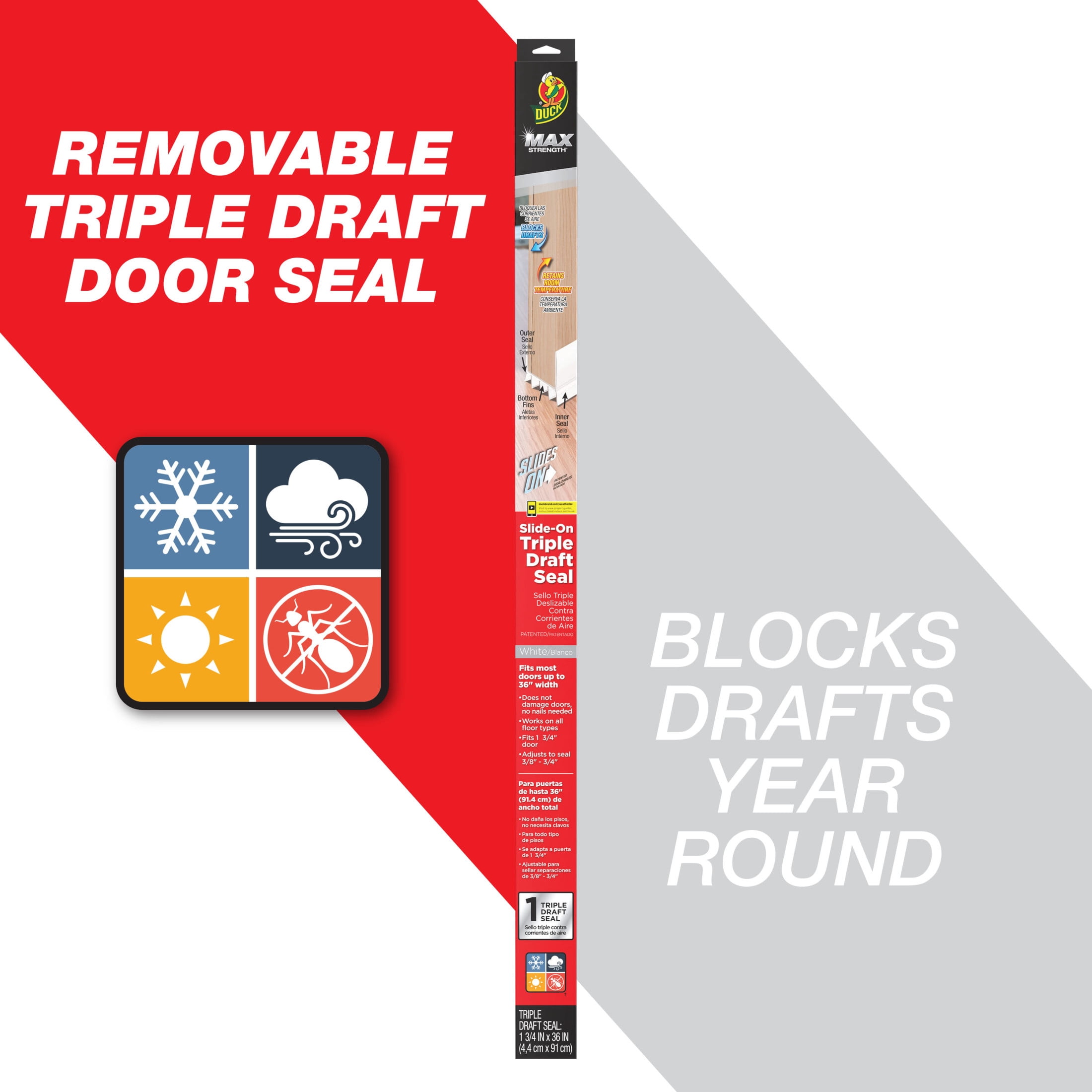 Duck Brand, 1.75 Inch X 36 Inch White Max Triple Draft Plastic Under-Door Seal, Blocks Drafts