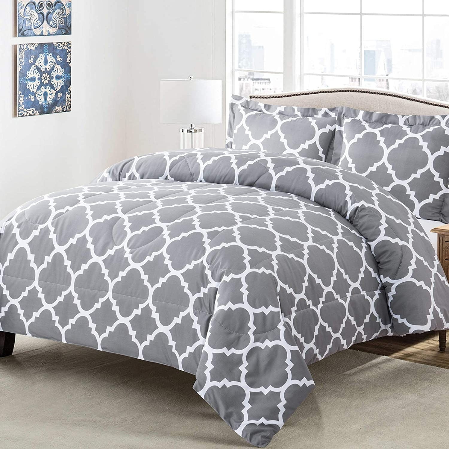 DCP 3 Pieces Bedding Comforter Set Comforter Queen Grey Geometric Grey