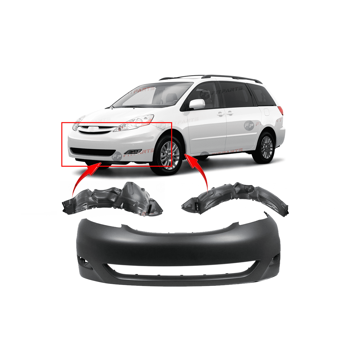 DCP Front Bumper Cover & Fender Liner Kit for Toyota Sienna 2006-2010 ...