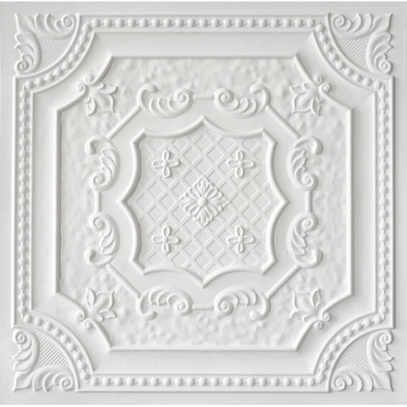 DCT04 PVC Ceiling Tiles 2' x 2' Elizabethan Shield Pattern, Lay-in or Glue-up, 10 Pieces White Matte Covers 40 Sq Ft