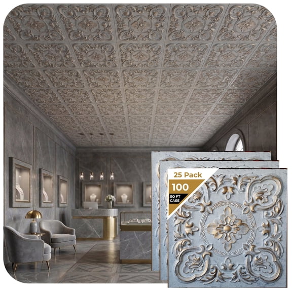 DCT30-Gaby 2 ft. x 2 ft. PVC Glue-up Ceiling Tile in Aged White Gold (100 Sq.ft / Pack) - 25 Pieces
