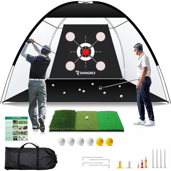 SwingRex 10x7FT Golf Practice Net with Mat & Target – Backyard Driving & Chipping Aid