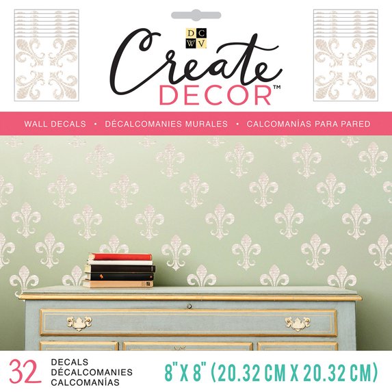 DCWV Create Decor Removable Wall Decals 8"X8"-Script Fleur De Lis, 8 Sheets