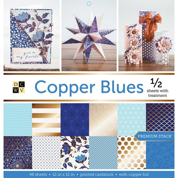 DCWV Single-Sided Cardstock Stack 12"X12" 48/Pkg-Copper Blues, Half W/Foil