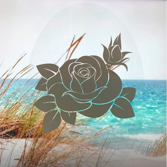 DCentral Rose - Decorative Window Vinyl “Etched” Glass Cling Decal – 8” x 12”. Objects are Opaque – Background is Clear