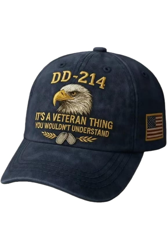 DD-214 Army Veteran Hat – Embroidered Patriotic Cap with Eagle & Dog Tags, Adjustable Baseball Cap for Retired Soldiers, Meaningful Military Veteran Gift for Men Who Served(Blue)