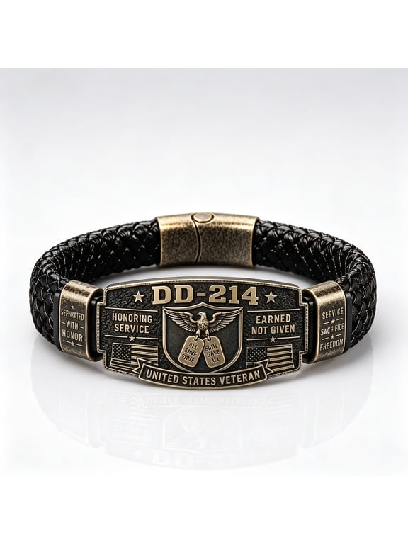 DD-214 US Veteran Bracelet,Black Braided Leather Bracelet with Tag Emblem,United States Veteran Patriotic Gift